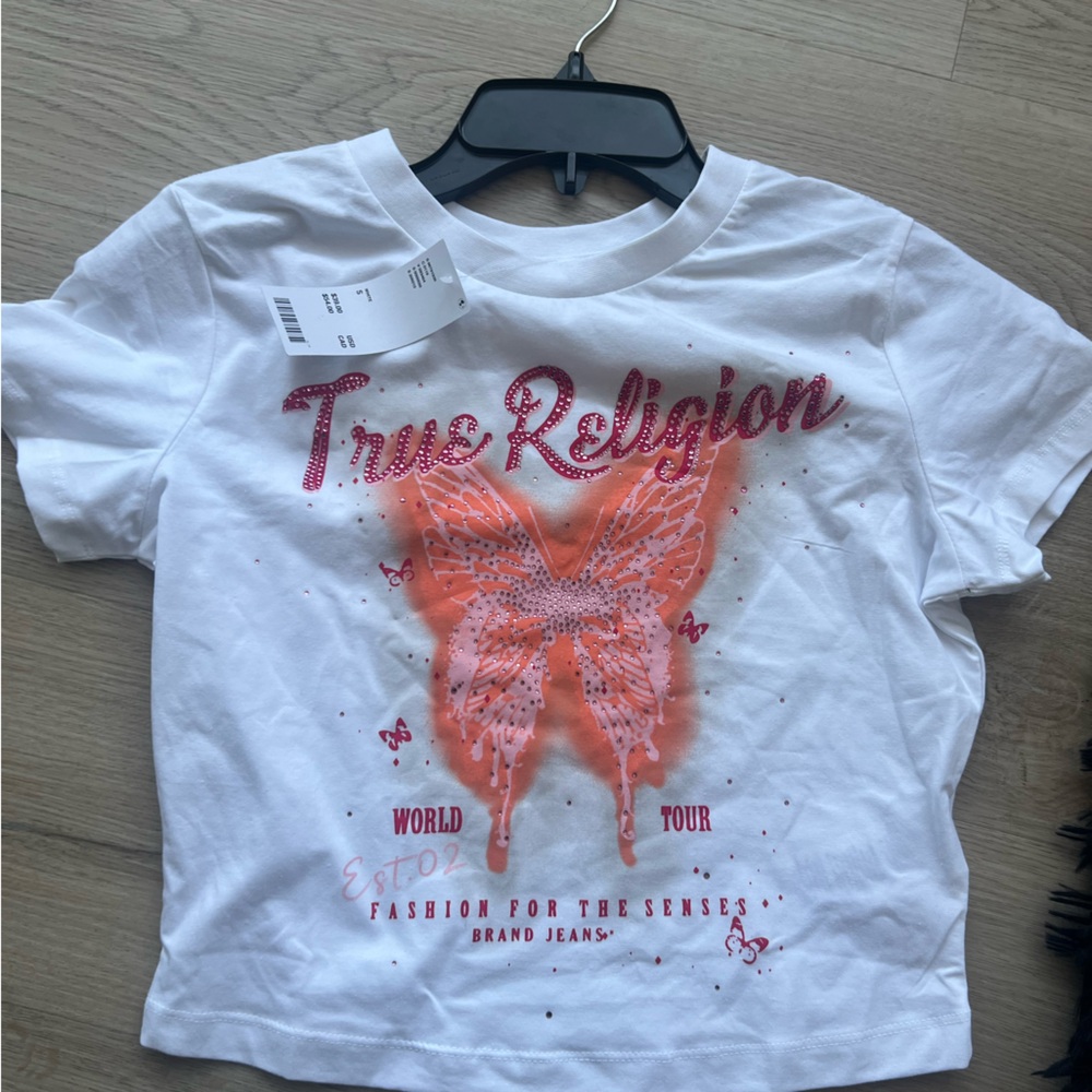 True Religion White and Pink Graphic Short Sleeve Tee